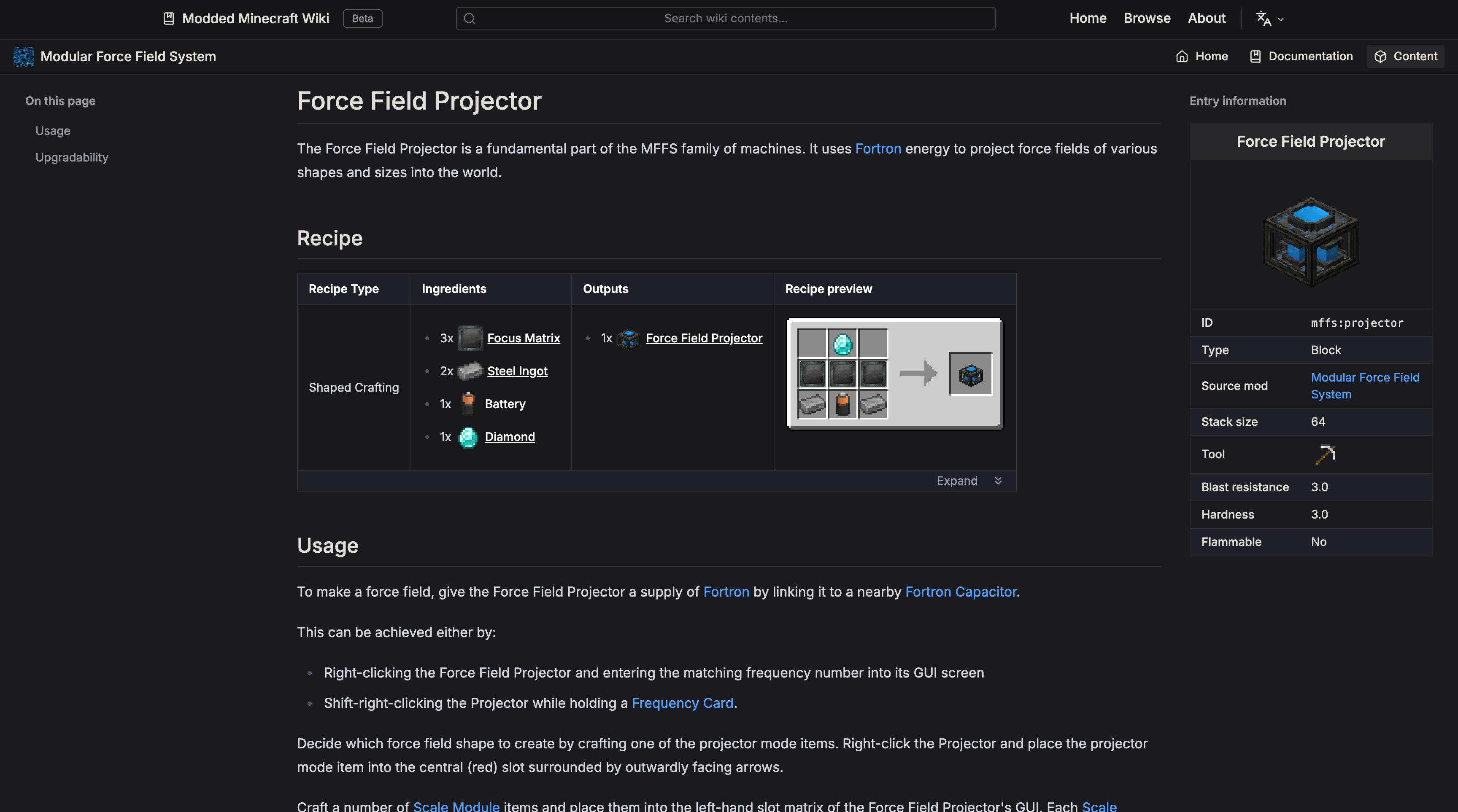 Force Field Projector content page