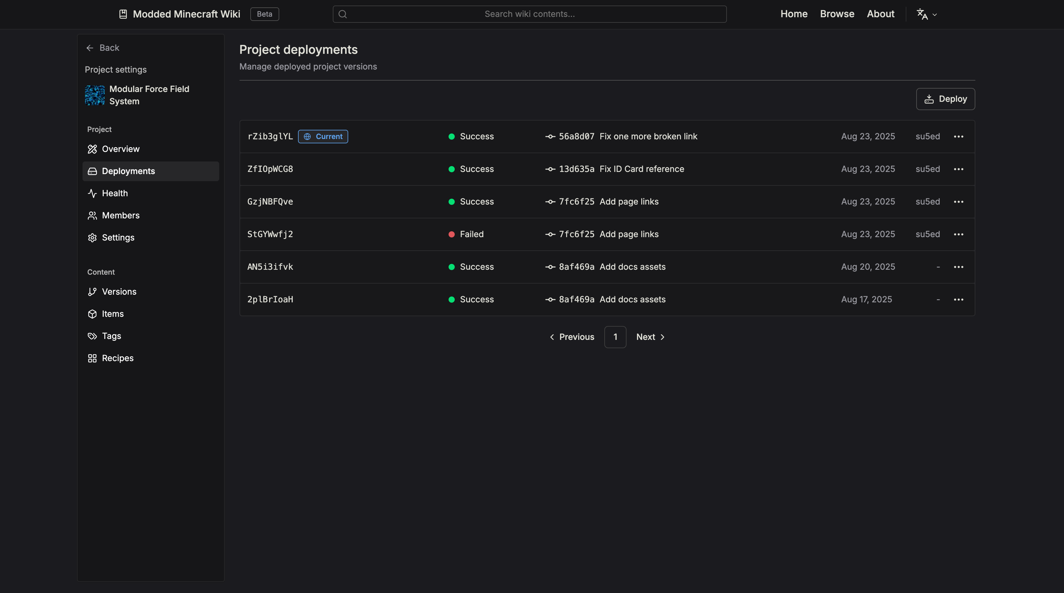 Project Deployments page