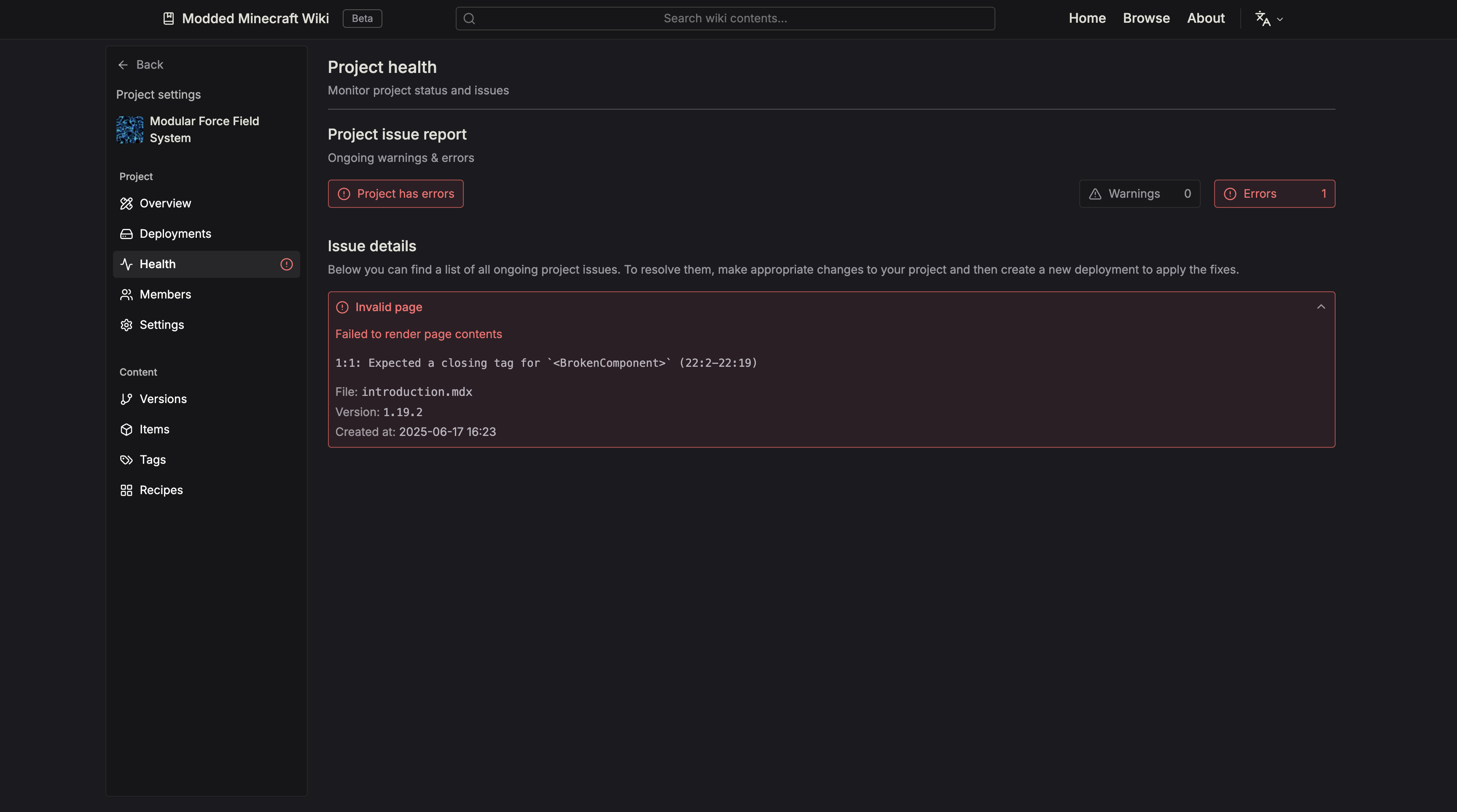 Project Health page with sample error